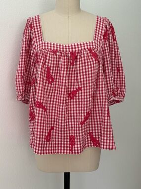Vineyard Vines Serena Lobster Embroidered Pink & White Cotton Gingham Top L
